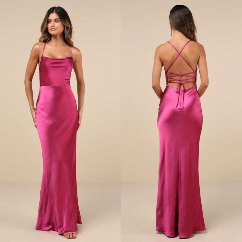 Lulus Inspire Romance Magenta Satin Cowl Neck Lace-Up Maxi Dress S Wedding Prom